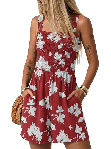 Image of Lepunuo Womens Rompers for Summer Casual Smocked Jumpers Overalls Square Neck Jumpsuits with Pockets Beach Vacation