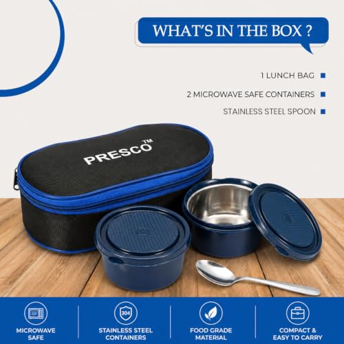 Image of PRESCO Insulated Lunch Box Set (2 Microwave Safe Inner Steel Containers, 450ml*2; with Steel Spoon) with Insulated Fabric Bag, Lunch Box for Office Use, Leak Proof, Tiffin Box for Men (Blue)