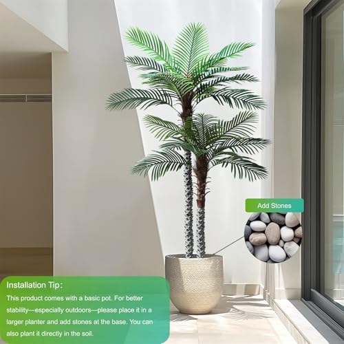 Image of Nafresh 8ft Tall UV Resistant Faux Palm Tree, 96in Artificial Palm Tree Indoor Outdoor, Fake Tree with Real Bark and Realistic Leaves and for Home House Office Living Room Yard Patio.