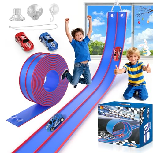DKOXT 15 Ft Flexible Race Track for Kids, DIY Car Track Set with 2 Toy Cars & 3 Suction Cup Ramps, Easter Basket Stuffers for Teens & Boys Girls, Creative Easter Gifts for Kids, Blue & Red