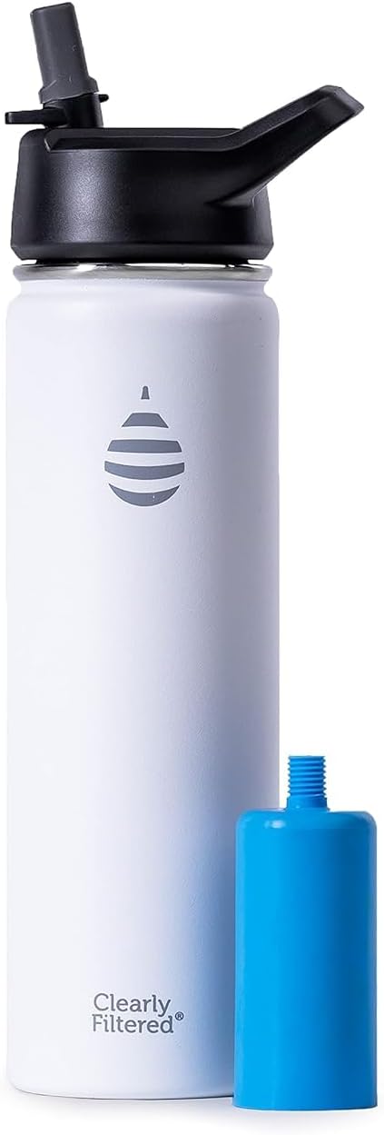 Clearly Filtered 20oz Water Bottle/Targets 220+ Contaminants/Double-Wall Insulated Stainless Steel Filtered Water Bottle BPA/BPS-Free Phthalate-Free Filters Fluoride Lead Chlorine (White)