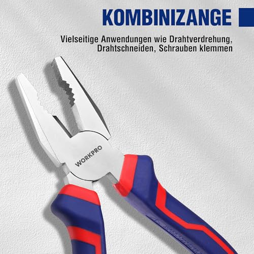 WORKPRO Zangen Set 3tlg. Zangensatz Kombizange 180mm Spitzzange 160mm Seitenschneider 160mm Profi Zangenset für Heimwerker, Profis, DIY, Reparatur