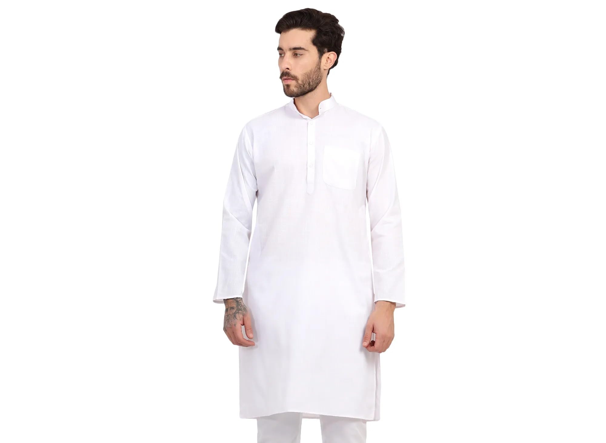 huzur Men's Traditional Cotton Kurta, Long Sleeve, Mandarin Collar, White,Black,Mustard,Pink,Navy,for Festive Season Kurta Pajama Set and Haldi,Mehendi and Other Festival-picture-10