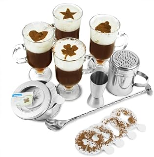 drinkstuff Irish Coffee Serving Set with 4 x Irish Coffee Glasses, 16 x Coffee Stencils, Jigger Measure, Mixing Spoon & Screw Top Shaker