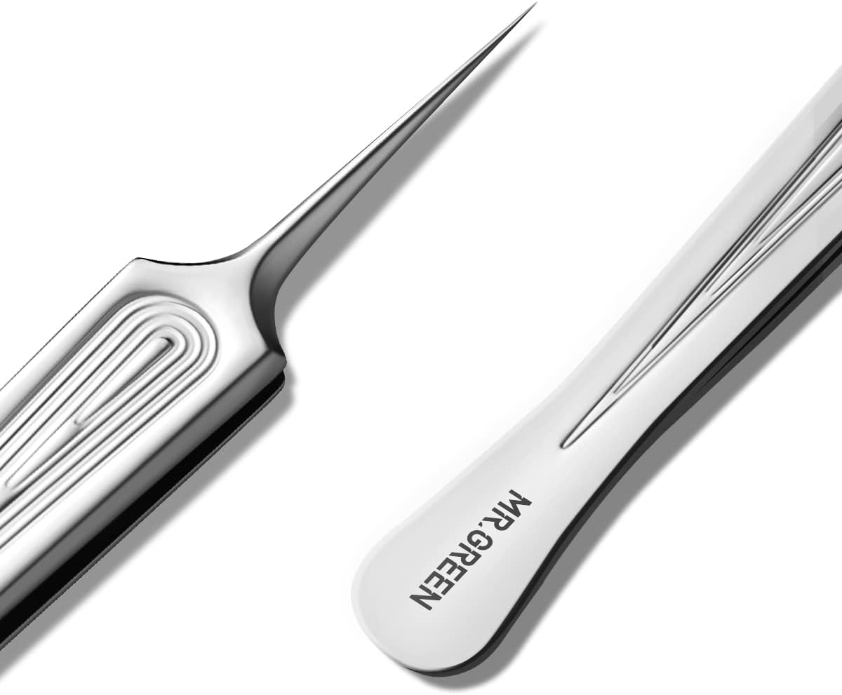 MR.GREEN Ingrown Hair Tweezers Needle Nose Pointed Tips Tweezers For Eyebrows Splinters Blackhead Removal Acne Clip Extractor (Short)
