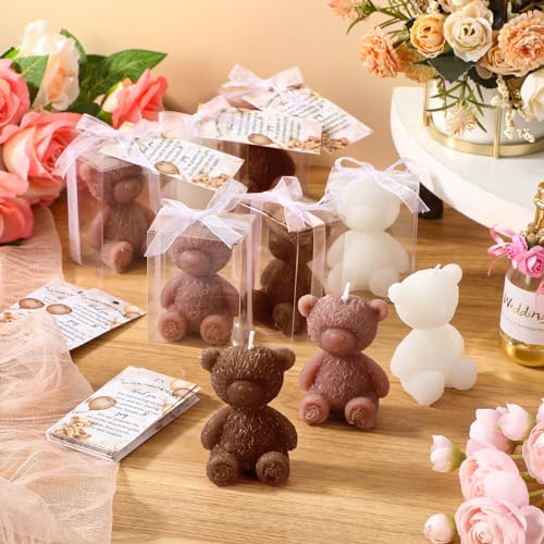 Threlaco 30 Sets Baby Shower Favors for Guests 30 Bear Shaped Candles Handmade Bear Candles Bulk with 30 Thank You Cards 30 White Ribbons 30 Clear PVC Boxes for Boys Girls Gender Reveal (Brown Series)