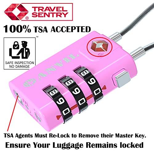 Anvil Tsa Approved Cable Luggage Locks 3 Digit Combination Padlock With Zinc Alloy Steel Cable Lock Ideal For Travel Suitcase, Backpack, Lockers,Case,Toolbox (2, Pink) #TOP1