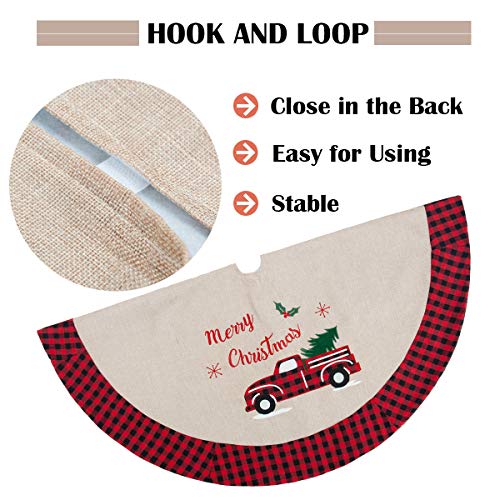 GMOEGEFT Christmas Tree Skirt Burlap with Buffalo Check Trim Rustic Truck and Tree Applique Xmas Home Decoration Ornaments (32 Inches) - Thumbnail 6