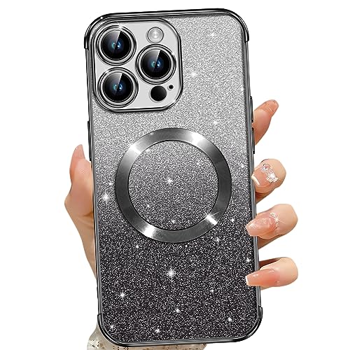Cover Magnetica per iPhone 14 Pro Max Glitter Custodia Compatibile con MagSafe Anti Graffi Non Ingiallente Protezione Completa Case 14 Pro Max con 2 Vetro Temperato nero