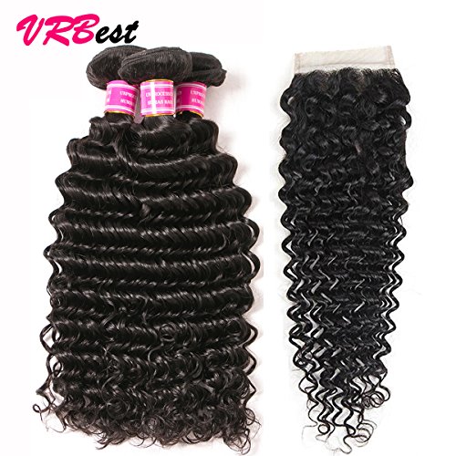 VRBest Brazilian Deep Wave With Closure 100% Unprocessed Virgin Brazilian Hair Bundles Deep Curly Human Hair Extensions With Lace Closure (18 20 22 + 16 Inch)