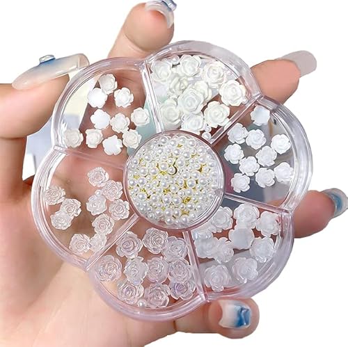 3D Flowers Nail Art Charms White Aurora Mixed Rose Flower Blossom Pearl Nail Round Designs Resin Summer For Women And Girls Nail Supplies Diy Manicure Accessories Craft #TOP5