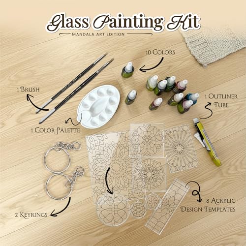 Image of The Crafthives Mandala Glass Painting Kit | DIY Stained Glass Mandala Art Set with Acrylic Frames, Colours, Brushes & Outliner | Creative Glass Painting Craft Kit for Kids Beginners Adults