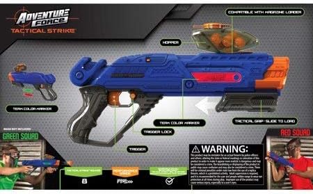 Diagram of the Adventure Force Tactical Strike Titanium Ball Blaster with labels pointing to its components like hopper, trigger, and tactical grip.