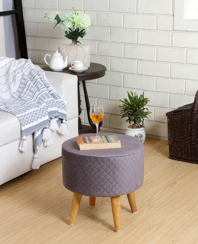 Ottoman Pouffes Sitting Mudda Puffy Stool for Living Room Dressing Table Pouf Round Footstool for Office Home Decor, Check Holland Velvet,16x16x17 Inch, Grey