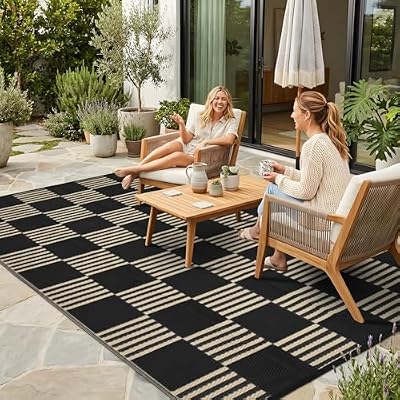 Garvee Waterproof Outdoor Rug 5x8, Checkered Foldable Plastic Straw Patio Camping Rug, Outdoor RV Carpet for Deck Camper Porch Balcony Backyard Picnic Beach Black and Brown