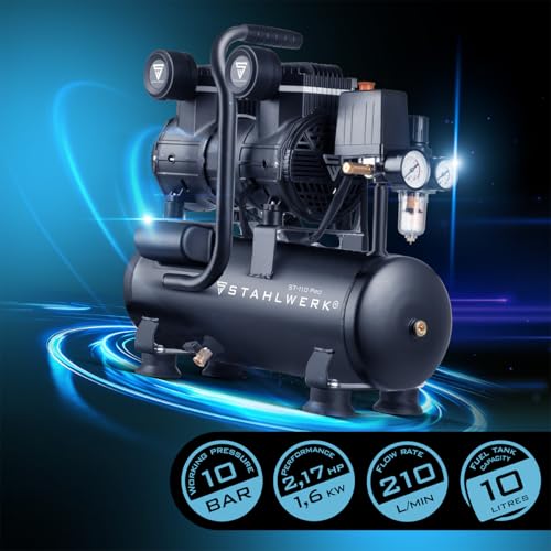 STAHLWERK Compressor ST-110 Pro met 10 bar, 2,1 pk, 1,6 kW, 210 l/min, 10 l tank olievrije persluchtcompressor, zuigercompressor, stille compressor, fluistercompressor met borstelloze motoren - Afbeelding 4