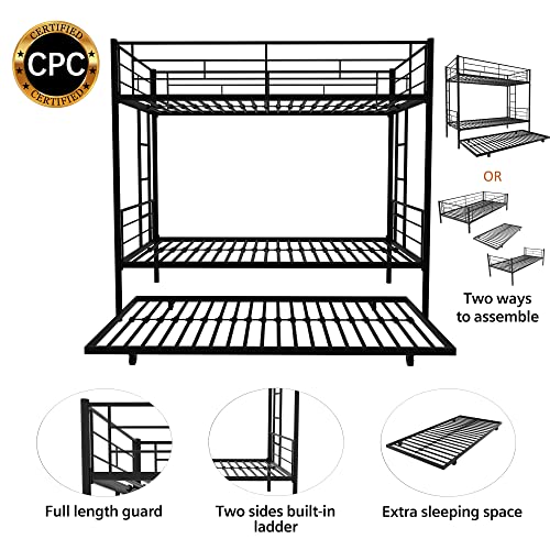 HAUSHECK Twin Bunk Bed for 3 Kids/Youths, Heavy Duty Metal Bunk Bed with Trundle, Two Safety Ladders & Full-Length Guardrails, Bunk Bed Twin Over Twin, Space-Saving Design, Noise-Free