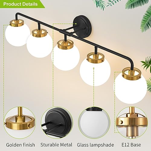 Image of Bathroom Light Fixtures 39in 5-Light Black Gold Vanity Lights for Mirror | Bathroom Lighting Fixtures over Mirror, ETL, Brushed Brass Wall Sconce, Dimmable E12 Base Max 60W, Milky Glass Ball Shades