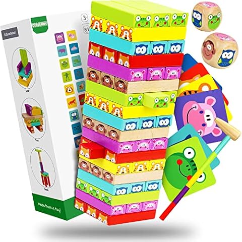 COOJOMMY Wackelturm Kinder Spiele ab 3 Jahre | Montessori Spielzeug 4 in 1 Holzspielzeug | Motorikspielzeug Stapelspiel | Pädagogisches Kinderspiel Geschenk für 3 4 5 Baby Jungen Mädchen Cover
