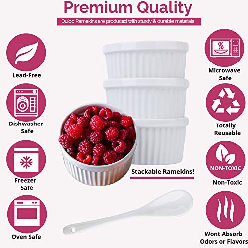 Souffle Dish Ramiken Set for Baking – 8 Pack 6 Oz White with Spoons, 3.5-inch Ceramic Oven Safe Round Bowl for Creme Brulee Ramekins, Puddings, Custard Cups, Ice Cream, Lava Cake,