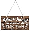 10 x 5 Inch Outdoor Patio Sign Decoration Metal Patio Signs Decor for Backyard Porch Wall Art Balcony Gazebo Accessories Relax Placard for ChristmasWhite Words with Brown Base