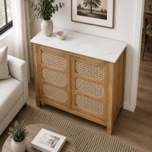 Image of The Attic Crestwood Sliding Doors Kitchen Cabinet, Multipurpose Cabinet for Bedroom Living Room Study bar, Solid Wood Bookshelf Kitchen Cabinet, Light Teak Matte Finish Cane