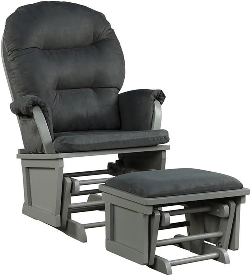 Pemberly Row Contemporary Fabric Rocking Chair Glider & Ottoman Set, Dark Gray Microfiber, Rubber Wood Frame, Ergonomic Design, Sturdy Nursing Chair for Nursery, Living Room or Relaxation Use