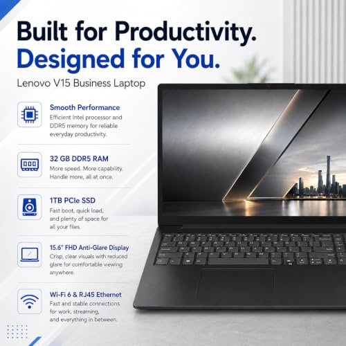 Image of Lenovo 2026 V15 Slim Laptop | 15.6 inch Anti-Glare FHD Display | Intel Powerful Quad-Core Processor | 8GB DDR5 RAM | 256GB SSD | Wi-Fi 6 | RJ45 Ethernet | Long Battery Life | Win 11 Pro | MS 365 Web