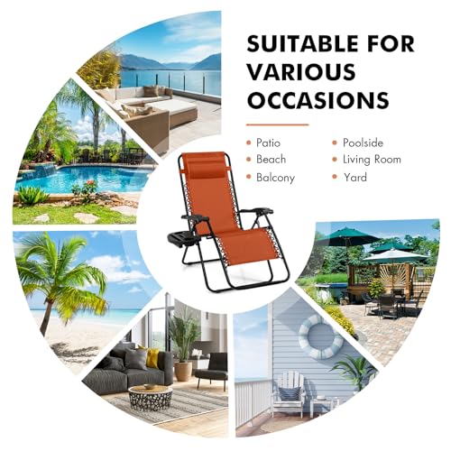 Image of Giantex Zero Gravity Reclining Chair, Outdoor Patio Recliner with Cup Holder & Removable Pillow, Adjustable Backrest, Indoor Lounge Chair for Backyard, Garden, Poolside (Orange)