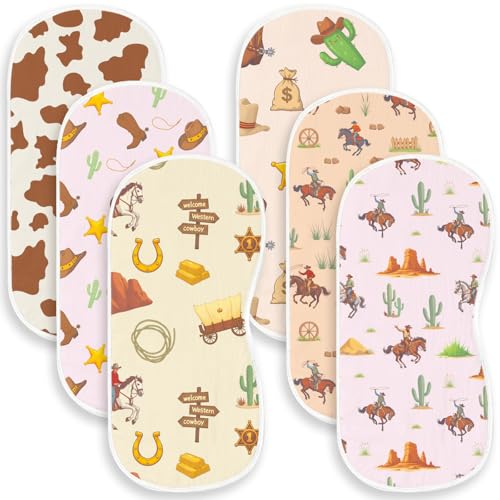 Image of Spriggenix 6 Pack Western Burp Cloths Baby Boys Girls with Cowboy Pattern, Large Cotton Wild West Burp Rags for Newborns Gifts Nursery Decor Extra Soft and Absorbent 9.8X19.6inches