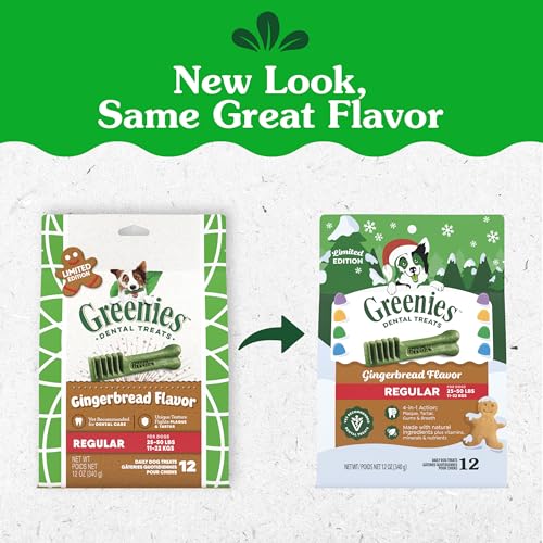 Image of Greenies Regular Natural Dental Dog Treats, Gingerbread Flavor, 12 Count | Vet-recommended, cleaner teeth after 28 days, cleans to gumline, limited edition, for dogs 25-50 lbs