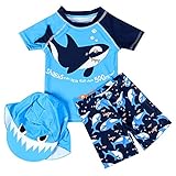 Natashas Kinder Jungen Badebekleidung Schwimmanzug Badenmode Langarm UV-Schutz 50+ Bade-Set Hai mit Badekappe (80-90CM)