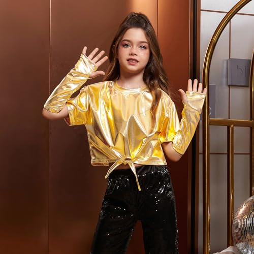 Image of Perfashion Girls Metallic Shirts Shiny Tie Front Knot Crop Top with Arm Sleeves for Dancing Raves Festivals 4-15 Years
