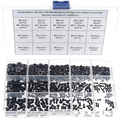 HVAZI Metric M2 M2.5 M3 M4 M5 Nylon Phillips Pan Head Screws Nut Washer Assortment Kit (Black)
