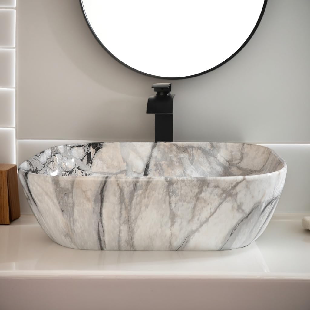 18”x13” Bathroom Vessel Sink with Waterfall Faucet and Pop-up Drain Marbling Rectangle Vessel Sink White Bowl Sink Above Counter Ceramic Bathroom Sink Nordic Style