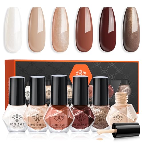 Modelones Nail Polish Set 6 Colors Brown Nude Silver Glitter Nail Polish Set Gray Quick Dry Neutral Nail Varnish Finger Nail Polish Manicure DIY Nail Art Salon Home For Women