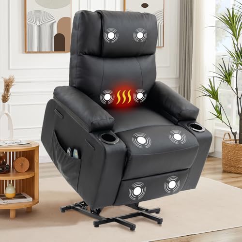 Image of Power Lift Recliner Sofa Chair, Electric Stand Assit for Elderly People, Leather Reclining Chair with Cup Holders, Massage & Heat Functions, Living Room or Bedroom Furniture for Resting, Black