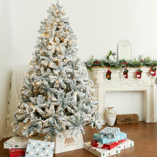 JOYHALO 7.5 ft Christmas Tree Prelit, Artificial Flocked Christmas Tree With Lights 550 Led Warm White, 1336 Branch Tips, Home Decorators Collection Christmas Tree for Office Store Party Holiday Decor