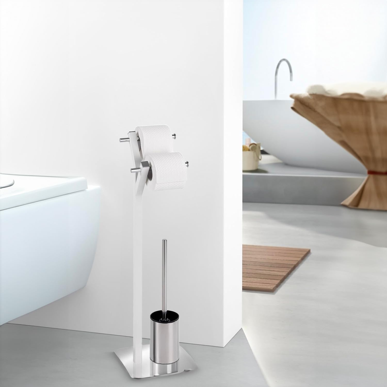 Avilia Piantana da Terra ad Albero Portarotolo e Porta Scopino in Acciaio Inox - Utile per Carta Igienica e Scopino WC, Design Pratico e Stabile, Bianco, 20x73.5x20cm