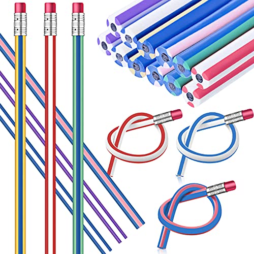 24 Pieces Flexible Bendable Pencils Soft Bendy Pencils Colorful Stripe Bendable Pencils Colored Bend Pencils with Eraser for School Prizes Kids Presents Teachers Classroom Supplies