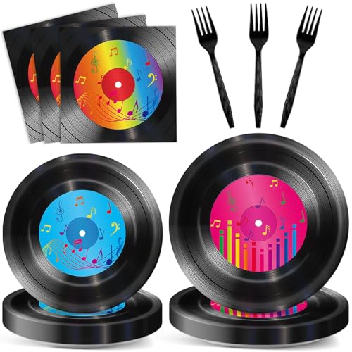200 PCS Vinyl Record Tableware Disposable for 1950's Rock Music Party Supplies Back to 50s Rock Dinnerware Set Dessert Paper Plates Napkins Forks 50's Theme Party Retro Decorations Serve 50 guest