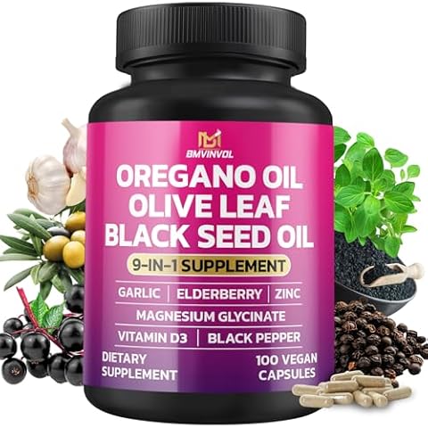 BMVINVOL Oregano Garlic Olive Leaf Black Seed + 5 More - Immune Support & Digestive Health Supplement for Women and Men - 100 Capsules Cover