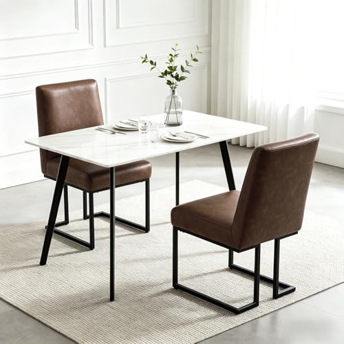 Chummaven Moderne Kunstleder Esszimmerstühle 2er Set, gepolsterte Küchenstühle ohne Armlehnen, bequem Esstischstühle mit Rückenlehne Metallgestell, Polsterstuhl Industriestil für Wohnzimmer, Braun