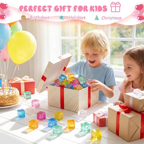 Image of Meooeck 16 Pcs Colored Acrylic Cube Gem Blocks with Wooden Storage Box, Translucent Rainbow Building Stacking Sensory Train Prims Toys for Toddler Kids Montessori School Classroom Supplies