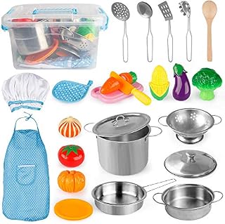 D-FantiX Kitchen Pretend Play Toy Kitchen Accessories Kids Pots and Pans Playset, Utensils