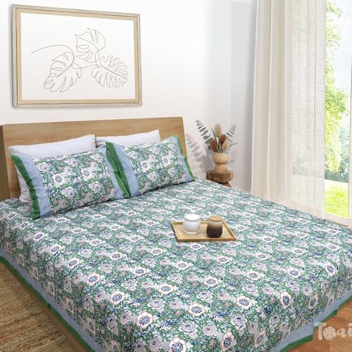 Image of TOAI Hand Block Printed Bedsheet | Bed Spread Flatsheet Bed Sheet | Pure Cotton | King Size 108 inchx108 inch | 300 TC Long Staple Cotton | 2 Reversible Pillow Covers |Messy Garden