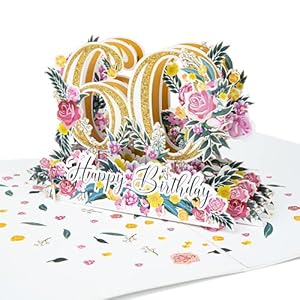 LIMAH® Pop-Up 3D Grußkarte/ Hochwertige PopUp 3D Geburtstagskarte zum 60. Geburtstag /Happy Birthday Motiv/in weiß Gold…