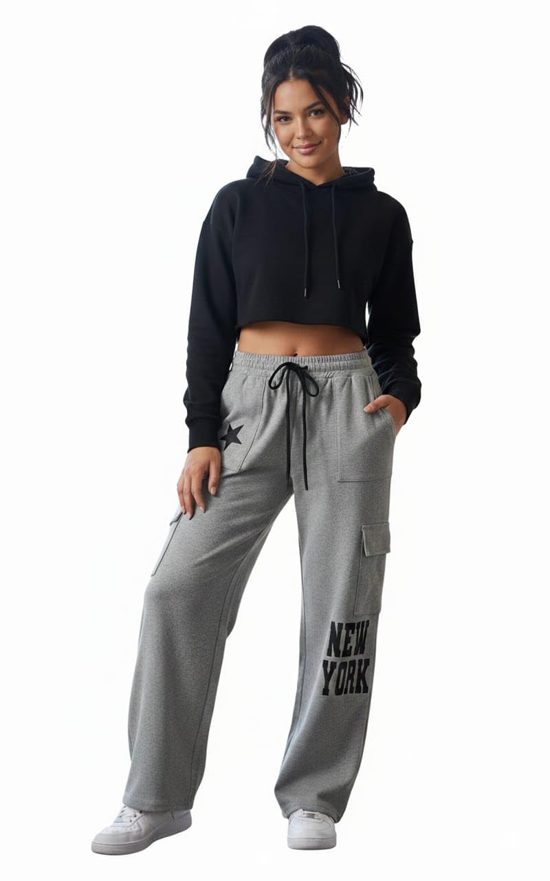 Women’s Grey Cargo Jogger Pants – Casual Drawstring Sweatpants with Pockets & Graphic Print-image-14