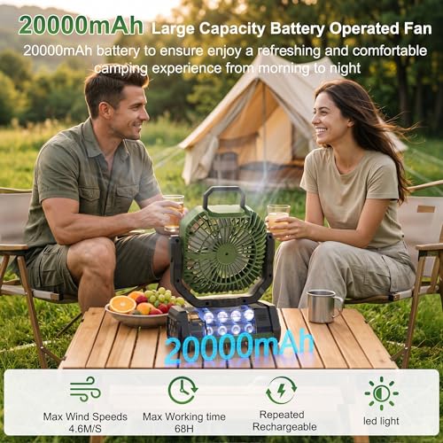 Vicsoon Portable Rechargeable Fan 20000mAh, Battery Powered Camping Fan with LED Light& Remote,Cordless,4 Speeds Wind,Timer for Tent,Travel,Rv Camping Essentials (Green) — view 2