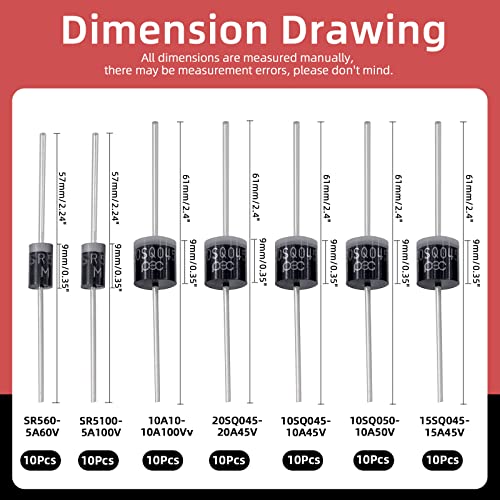 Hilitchi 70Pcs Schottky Rectifier Diode Kit In 7 Sizes, 10Sq045 10Sq050 15Sq045 Sr560 Sr5100 10A10 20Sq045 Diodes, Axial Schottky Blocking Diodes For Solar Cells Panel #TOP1